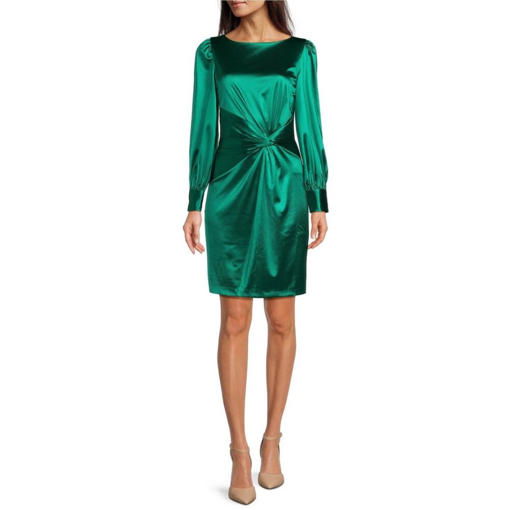 Julia Jordan Sz. 6 NWT Emerald Green Shine Boat-neck Side-knot Mini Dress